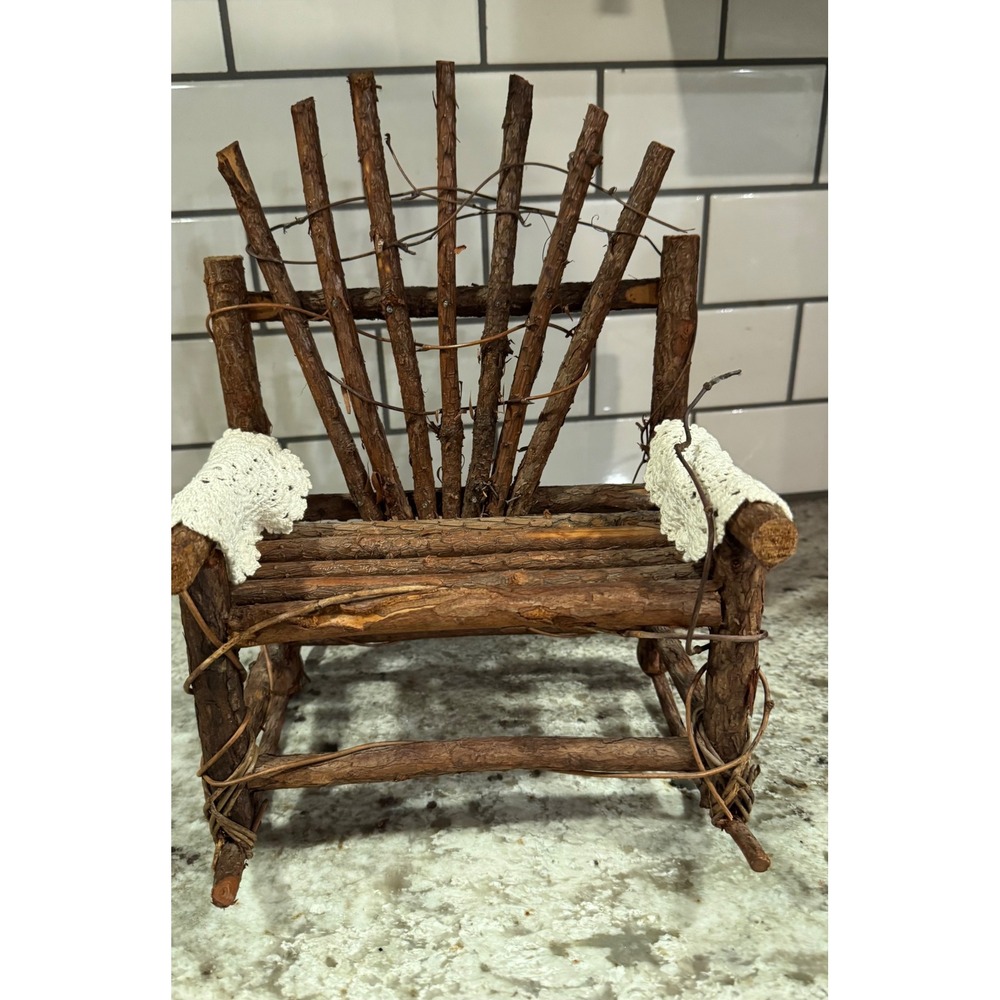 Rustic Twig Rocking Chair Miniature Folk Art Wood Decor with Crochet Lace Trim